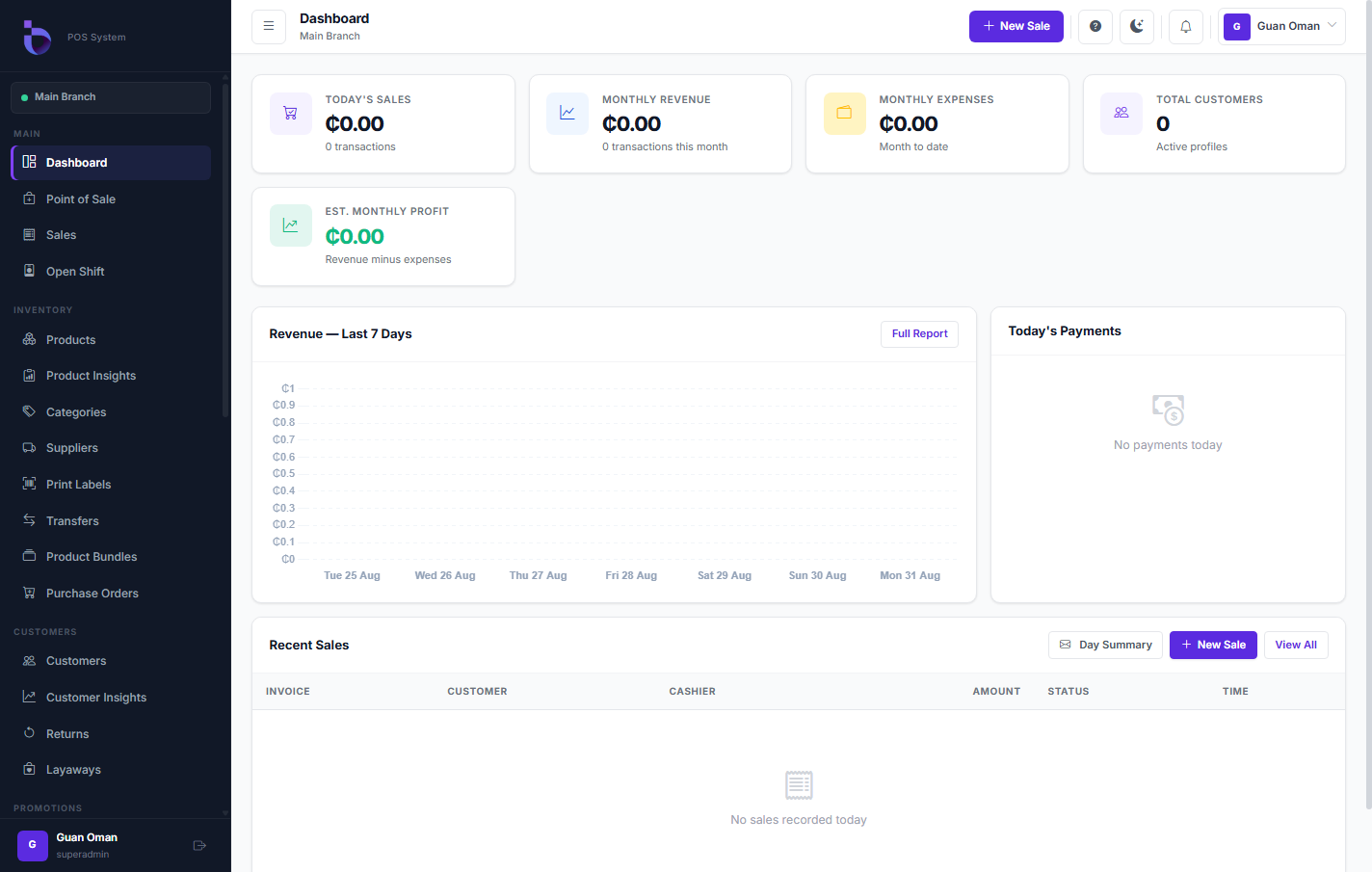 OneSyde POS dashboard showing sales, revenue, expenses, customers, payments, and recent sales