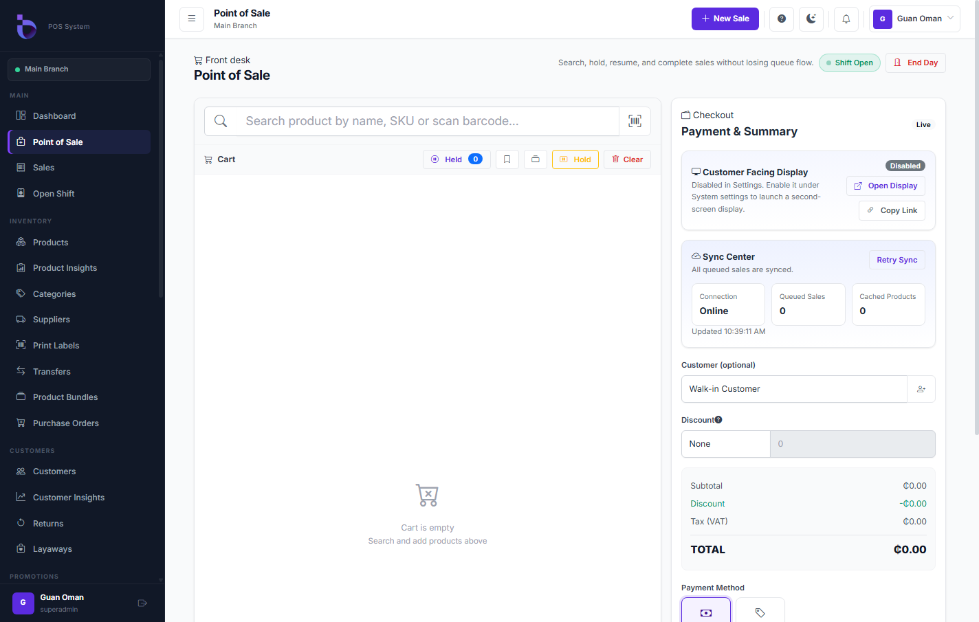 OneSyde POS checkout screen showing cart, payment summary, sync center, customer, discount, and payment method controls
