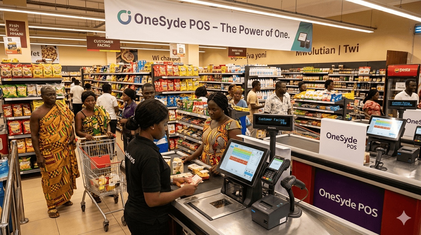 Retail counter with shelves and checkout activity